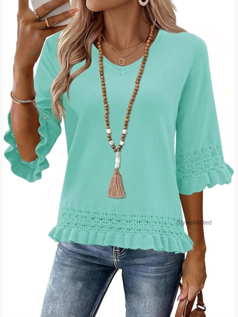 3/4 Sleeve V-Neck Peplum Sweater Cute Crop Knit Pullover Top for Women